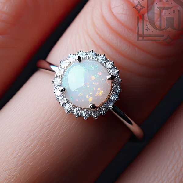 White Gold Opal Ring Engagement Ring Gold White Opal Engagement Ring Green Opal Ring White Opal Gold White Gold White Opal Ring