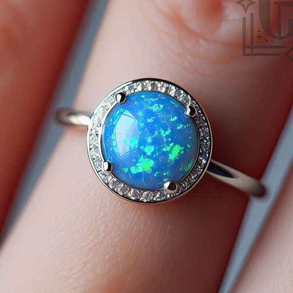 White Gold Blue Opal Ring Engagement Ring Gold Blue Opal Engagement Ring Blue Opal Ring Green Opal Gold White Gold Green Opal Ring