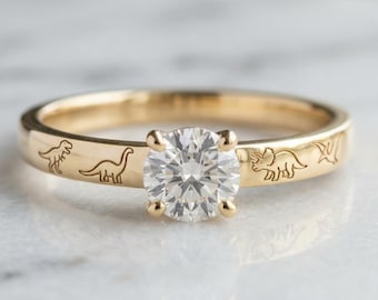 Solid Gold Dinosaur Engagement Ring: T-rex Diamond Ring with Triceratops, Brontosaurus, and Pterodactyl