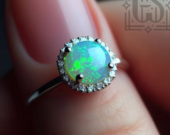White Gold Green Opal Ring Engagement Ring Gold Green Opal Engagement Ring Green Opal Ring Blue Opal Gold White Gold Blue Opal Ring