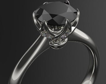 Black Diamond Engagement Ring: 10k White Gold, Genuine Diamond Sidestones