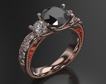 Anel de noivado com diamante negro: ouro rosa 10k, diamantes genuínos