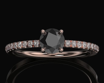 Black Diamond Engagement Ring: Solid Rose Gold, Diamond Sidestones