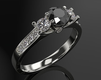 Anel de noivado com diamante negro: ouro branco 10k, pedras laterais de diamante de laboratório