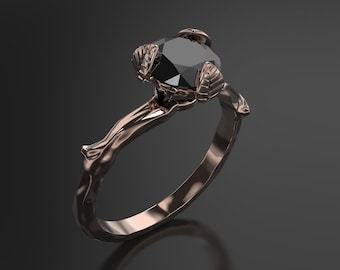 Black Diamond Leaf Ring: 10k Rose Gold Branch Engagement Ring