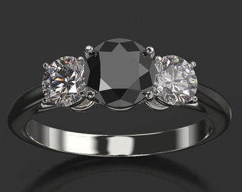 Black Diamond Engagement Ring: 10k White Gold, Moissanite Sidestones