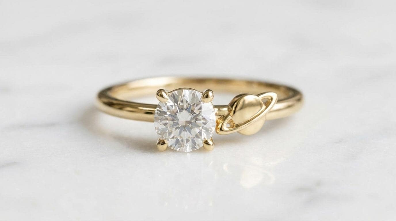 Solid Gold Saturn Engagement Ring: Planet Saturn Diamond Ring in Yellow, White, Rose, or Silver