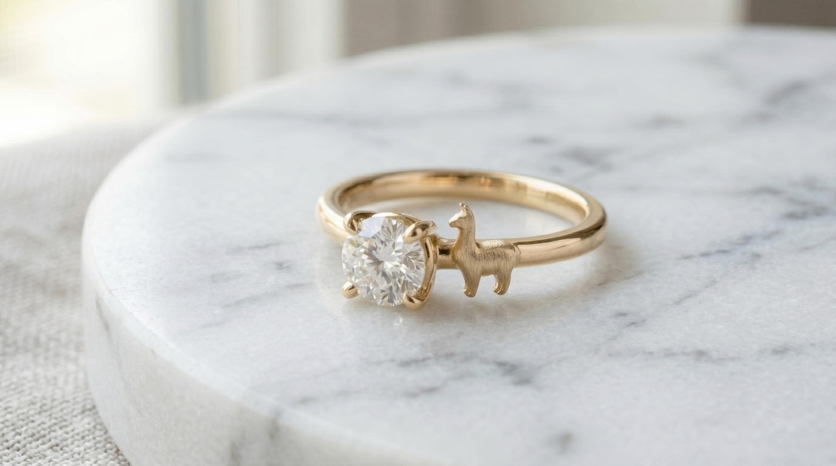Solid Gold Llama Engagement Ring: Alpaca Ring with Diamond in Yellow, Rose, White, or Silver