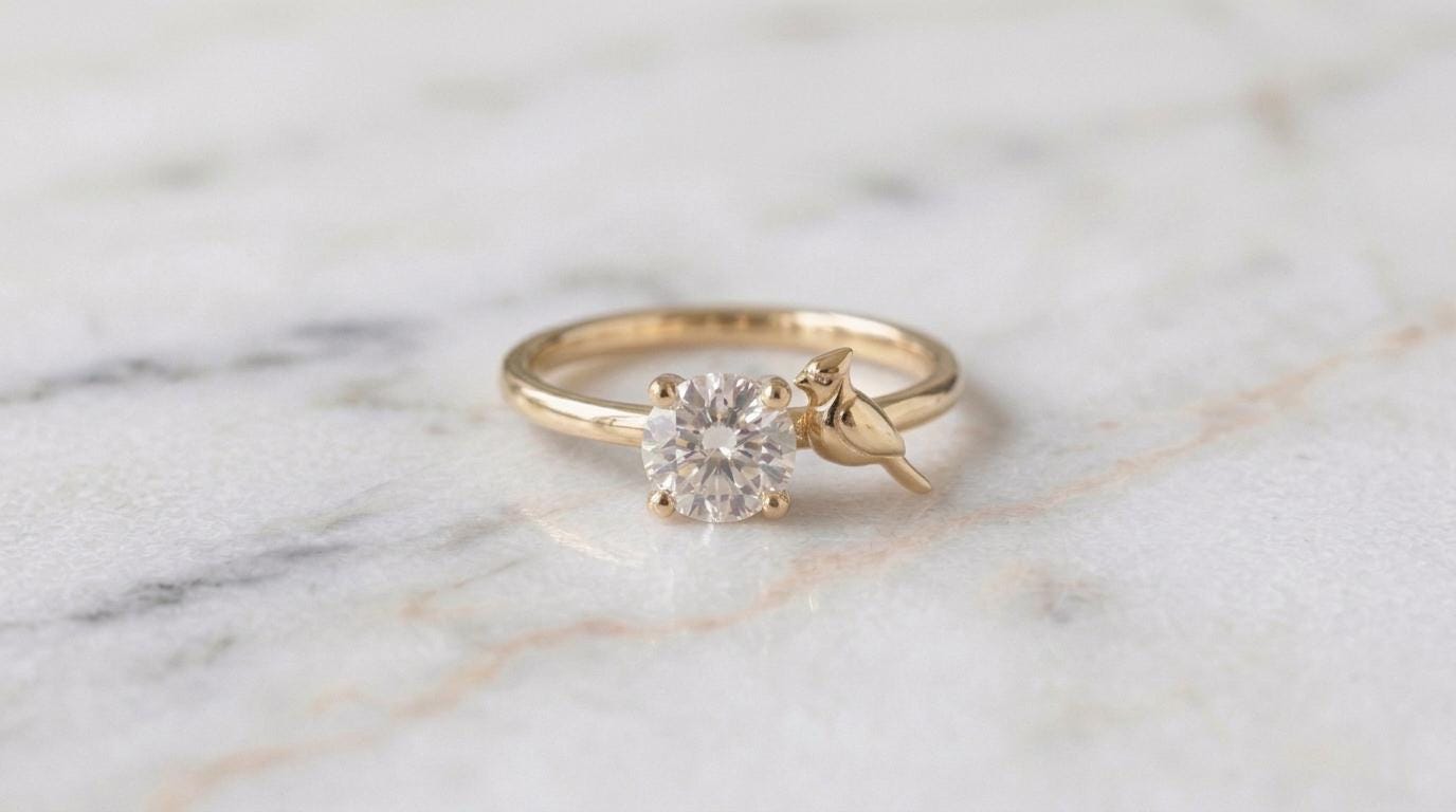 Solid Gold Blue Jay Engagement Ring: Blue Jay Bird Diamond Ring in Yellow, White, Rose, or Silver