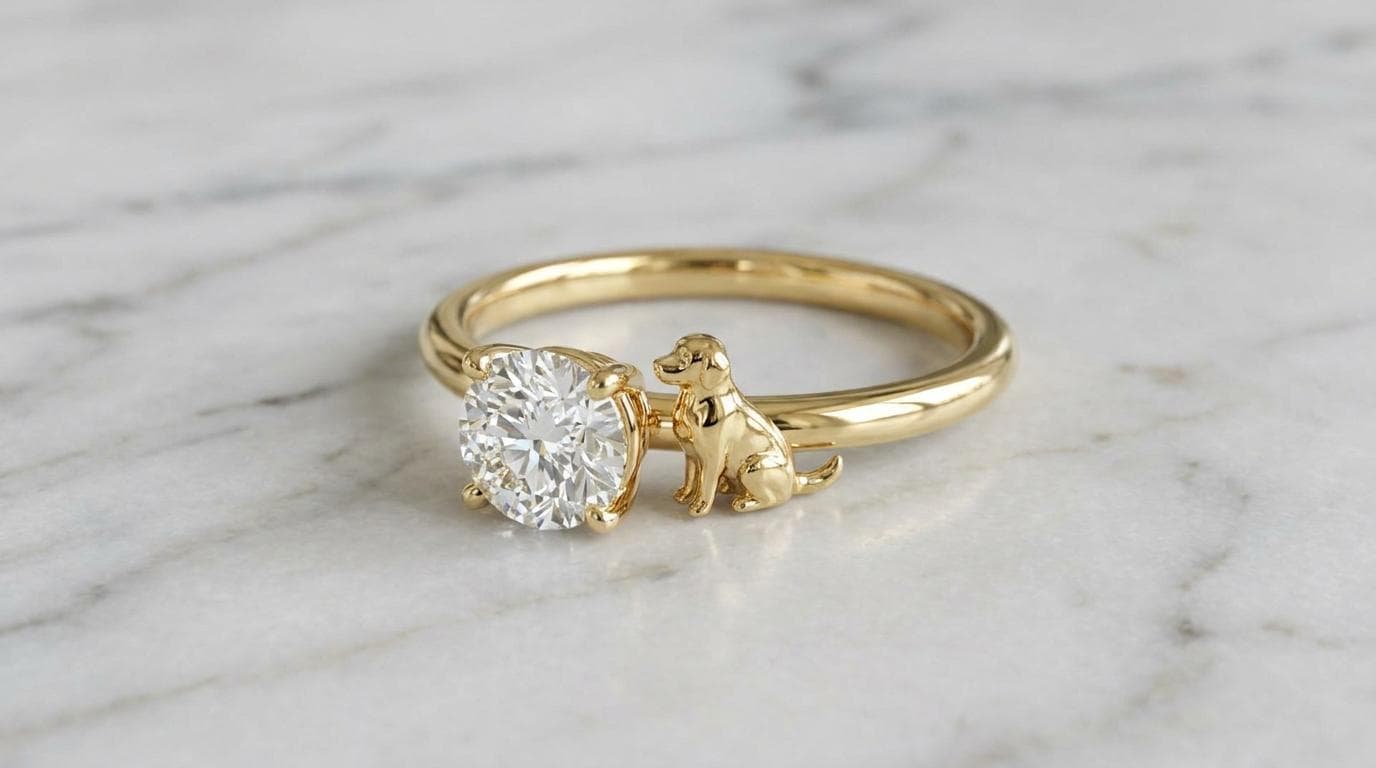 Solid Gold Golden Retriever Engagement Ring: Golden Retriever Diamond Ring in Yellow, White, Rose, or Silver