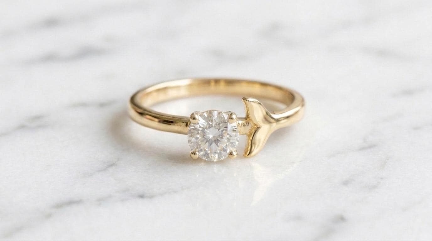 Solid Gold Whale Tail Engagement Ring: Ocean Marine Life Diamond Ring in Yellow, White, Rose, or Silver