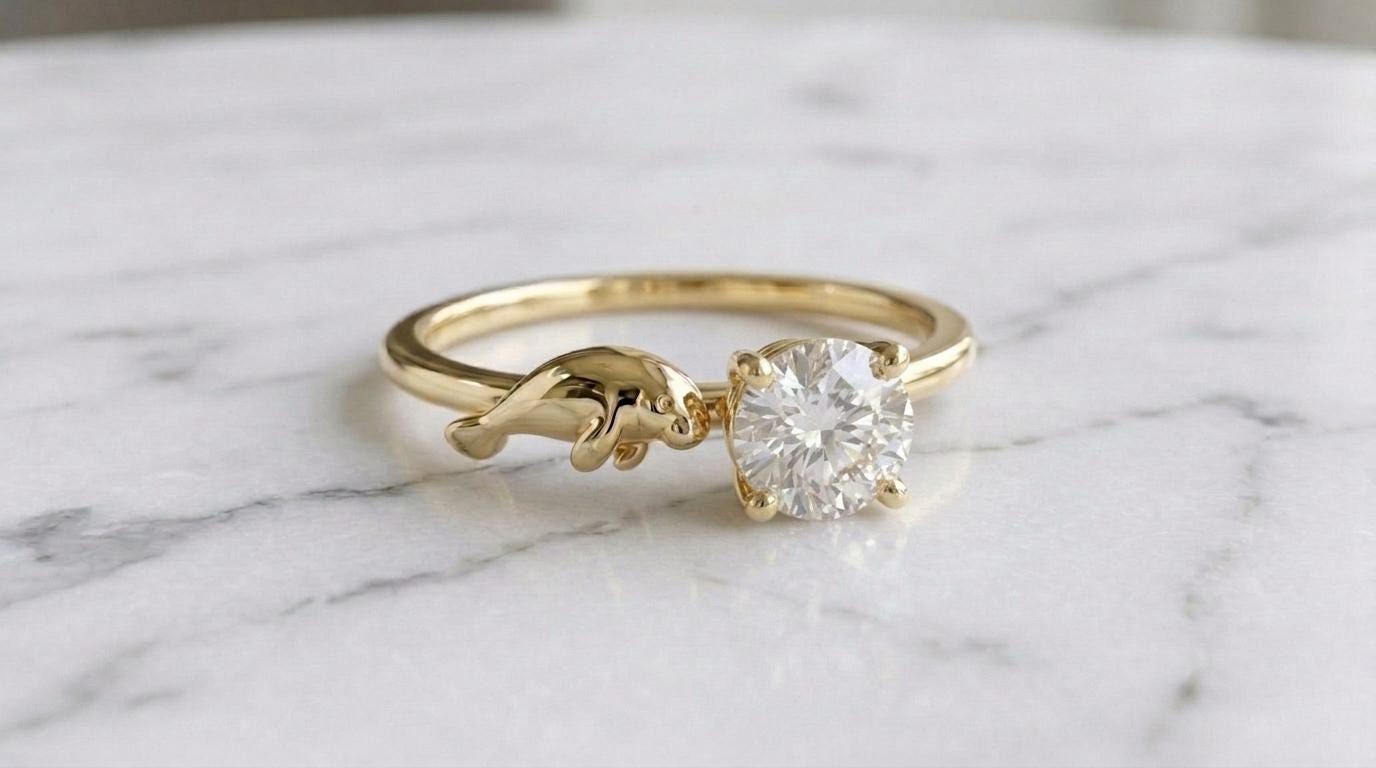 Solid Gold Manatee Engagement Ring: Gentle Sea Mammal Diamond Ring in Yellow, White, Rose, or Silver