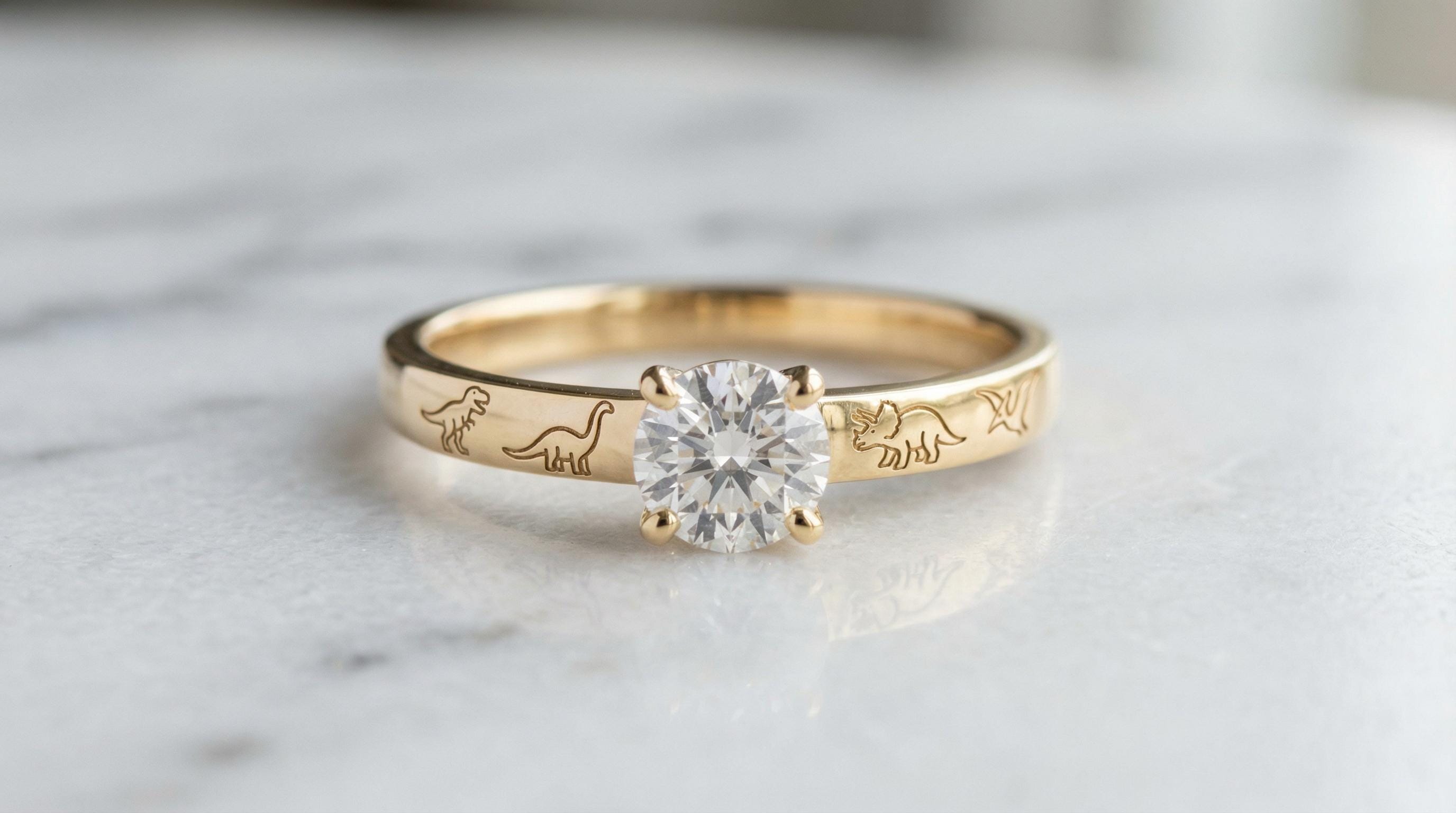Solid Gold Dinosaur Engagement Ring: T-rex Diamond Ring with Triceratops, Brontosaurus, and Pterodactyl
