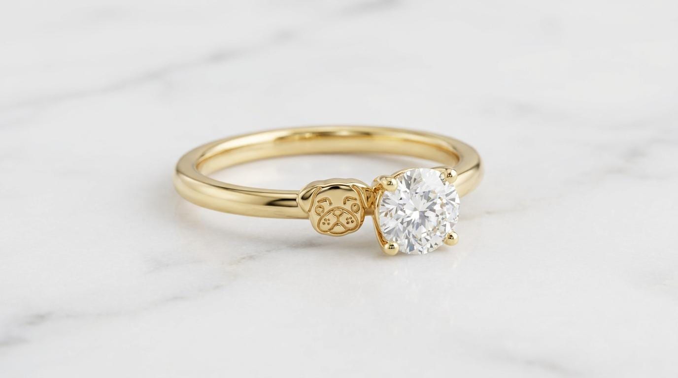 Solid Gold Pug Engagement Ring: Pug Dog Diamond Ring in Yellow, White, Rose, or Silver