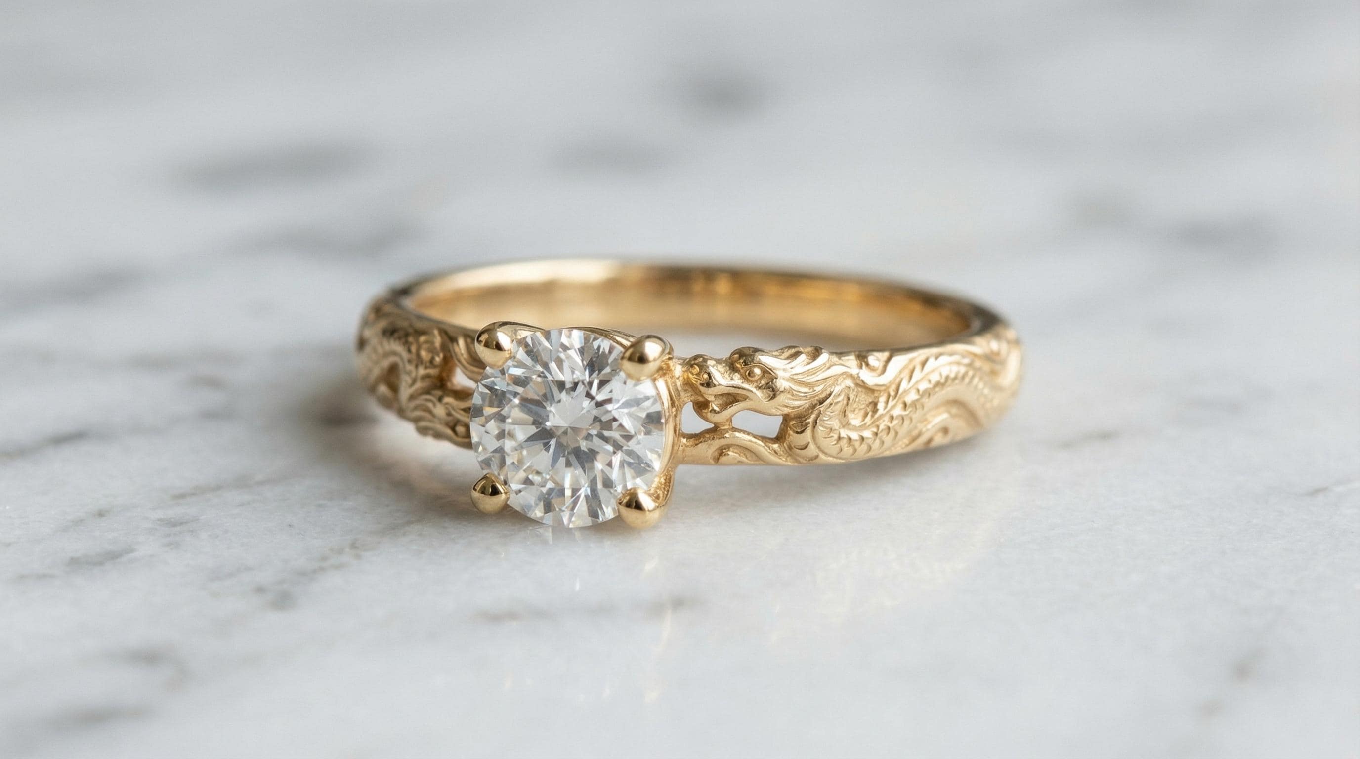 Solid Gold Chinese Dragon Engagement Ring: Dragon Ring with Diamond in Yellow, Rose, White, or Silver