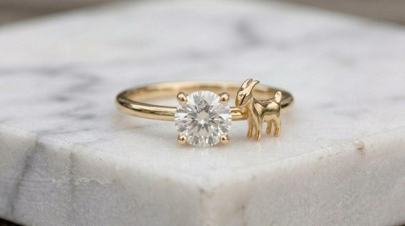 Solid Gold Goat Engagement Ring: Caprine Diamond Ring in Yellow, White, Rose, or Silver