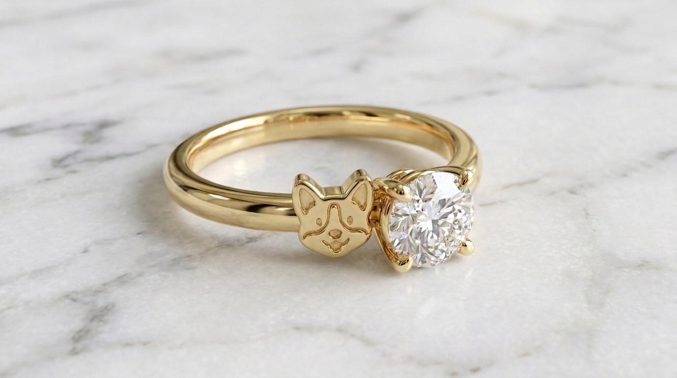 Solid Gold Corgi Engagement Ring: Pembroke Welsh Corgi Diamond Ring in Yellow, White, Rose, or Silver