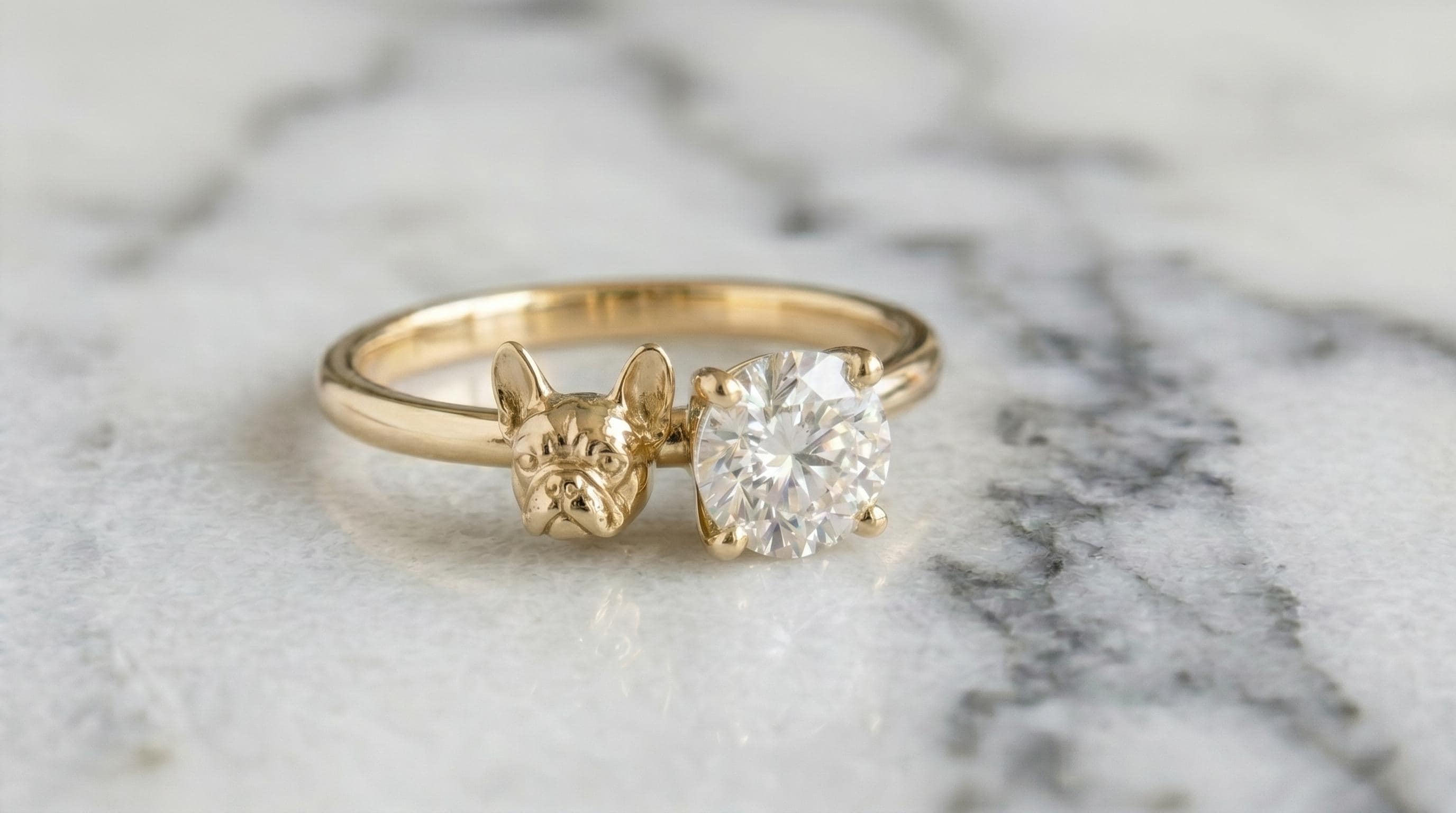 Solid Gold French Bulldog Engagement Ring: Frenchie Dog Diamond Jewelry Ring