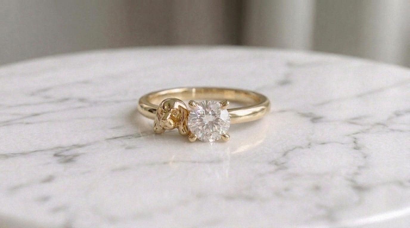 Solid Gold Cocker Spaniel Engagement Ring: Cocker Spaniel Diamond Ring in Yellow, White, Rose, or Silver