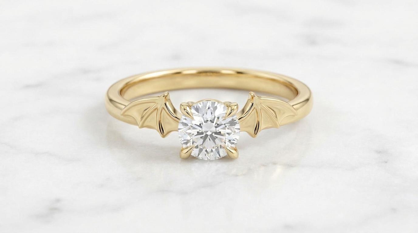 Solid Gold Bat Wing Engagement Ring: Gothic Diamond Ring in Yellow, White, Rose Gold or Sterling Silver
