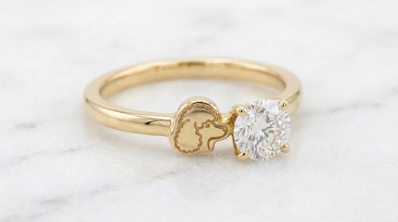 Solid Gold Poodle Engagement Ring: Poodle Dog Diamond Ring in Yellow, White, Rose, or Silver