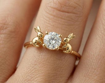Solid Gold Rabbit Engagement Ring: Bunny Ring with Diamond Nature Inspired Jewelry