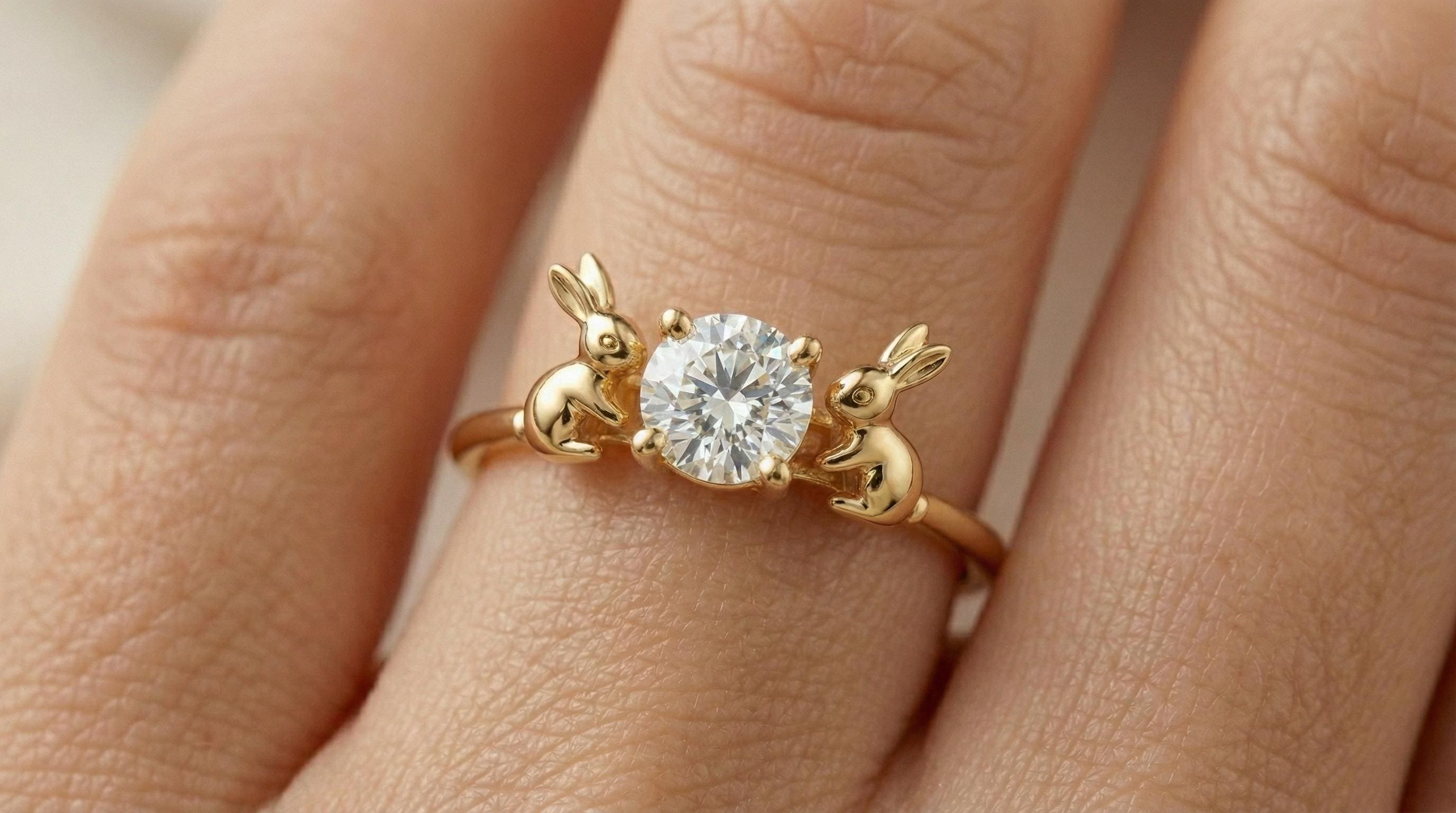 Solid Gold Rabbit Engagement Ring: Bunny Ring with Diamond Nature Inspired Jewelry