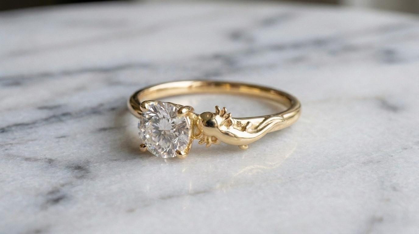 Solid Gold Axolotl Engagement Ring: Charming Axolotl Diamond Ring in Yellow, White, Rose, or Silver