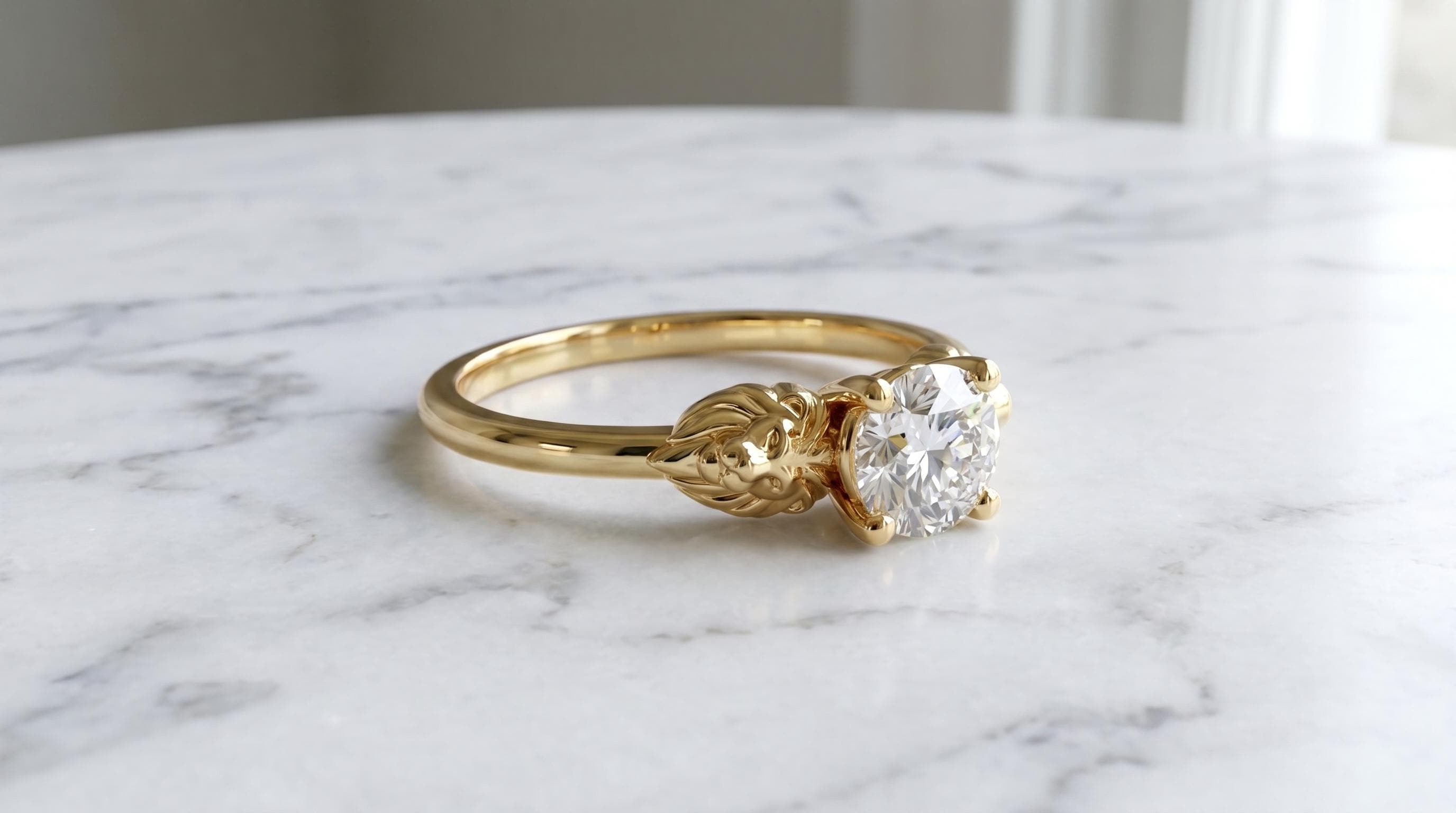 Solid Gold Lion Engagement Ring: Leo Diamond Ring in Yellow, White, Rose, or Silver