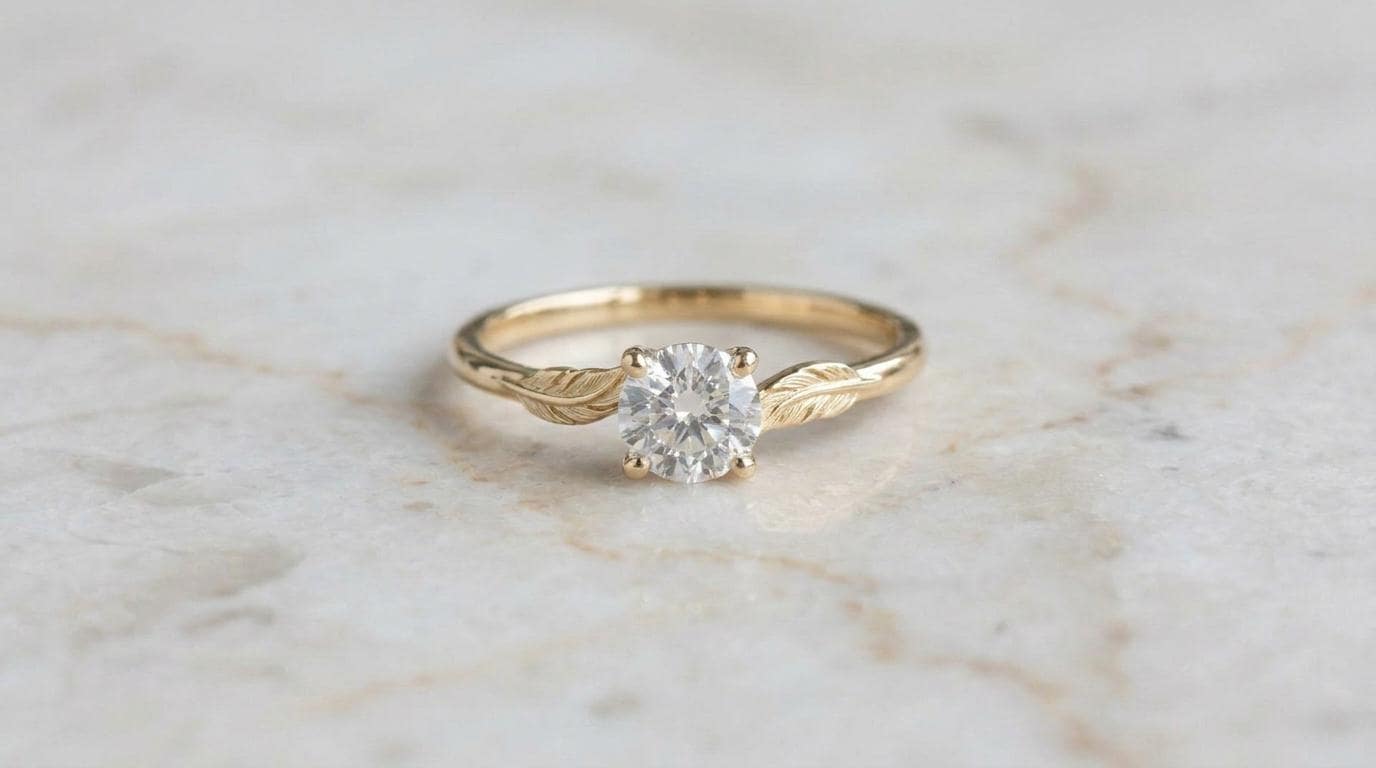 Solid Gold Feathers Engagement Ring: Feather Motif Diamond Ring in Yellow, White, Rose, or Silver