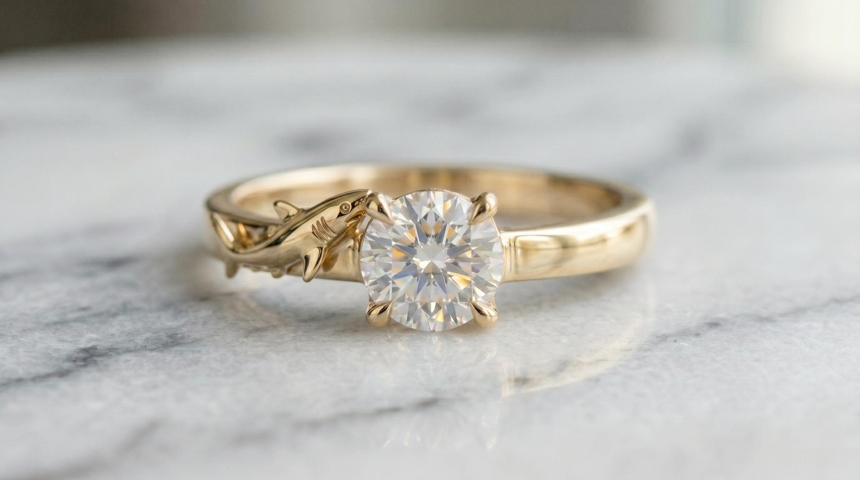 Solid Gold Shark Engagement Ring: Nautical Band with Diamond in Yellow, Rose, White, or Silver