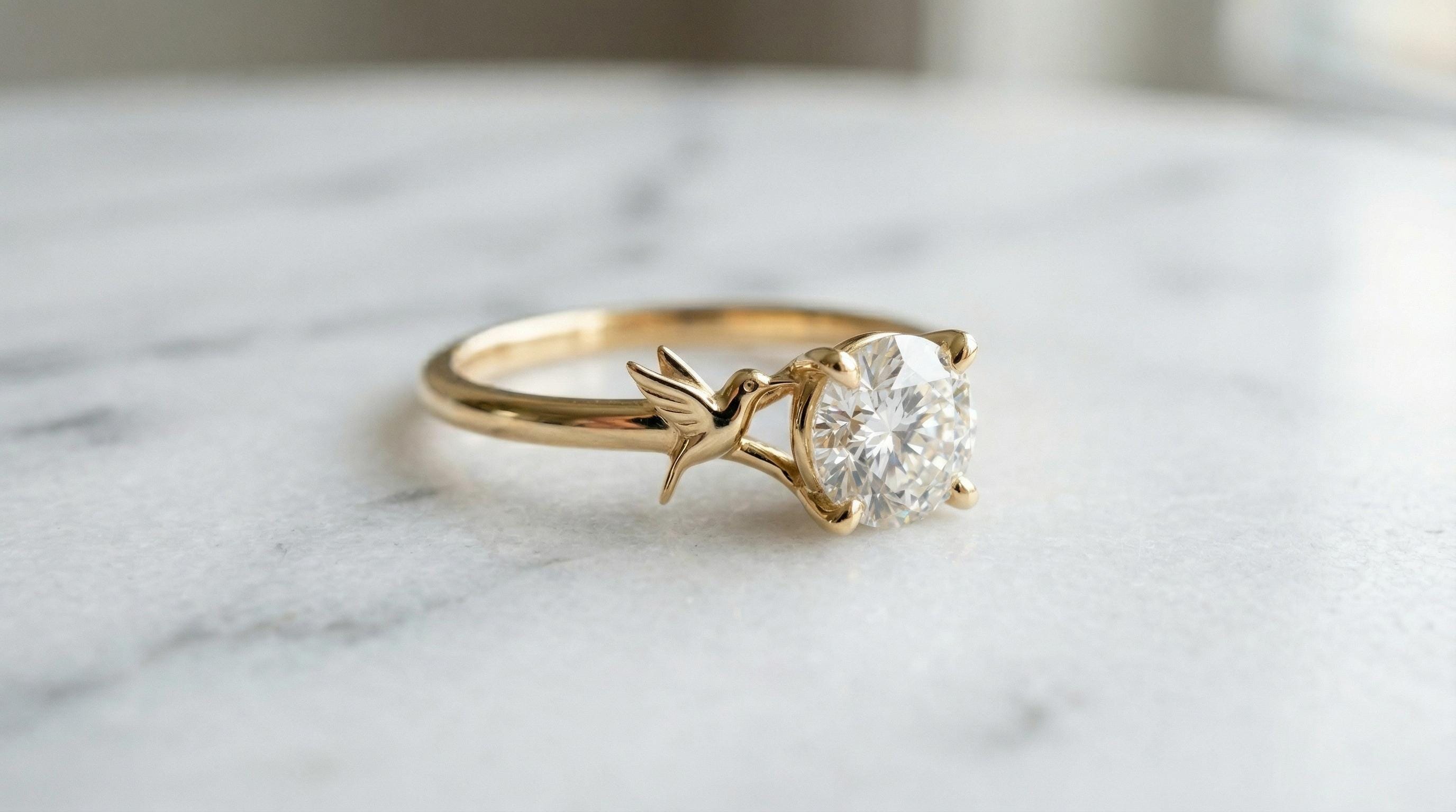 Solid Gold Hummingbird Engagement Ring: Bird Diamond Ring in Yellow, White, Rose, or Silver