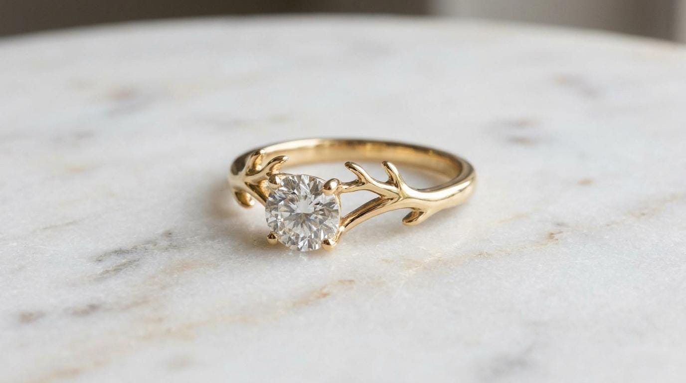 Solid Gold Deer Antlers Engagement Ring: Majestic Antlers Diamond Ring in Yellow, White, Rose, or Silver