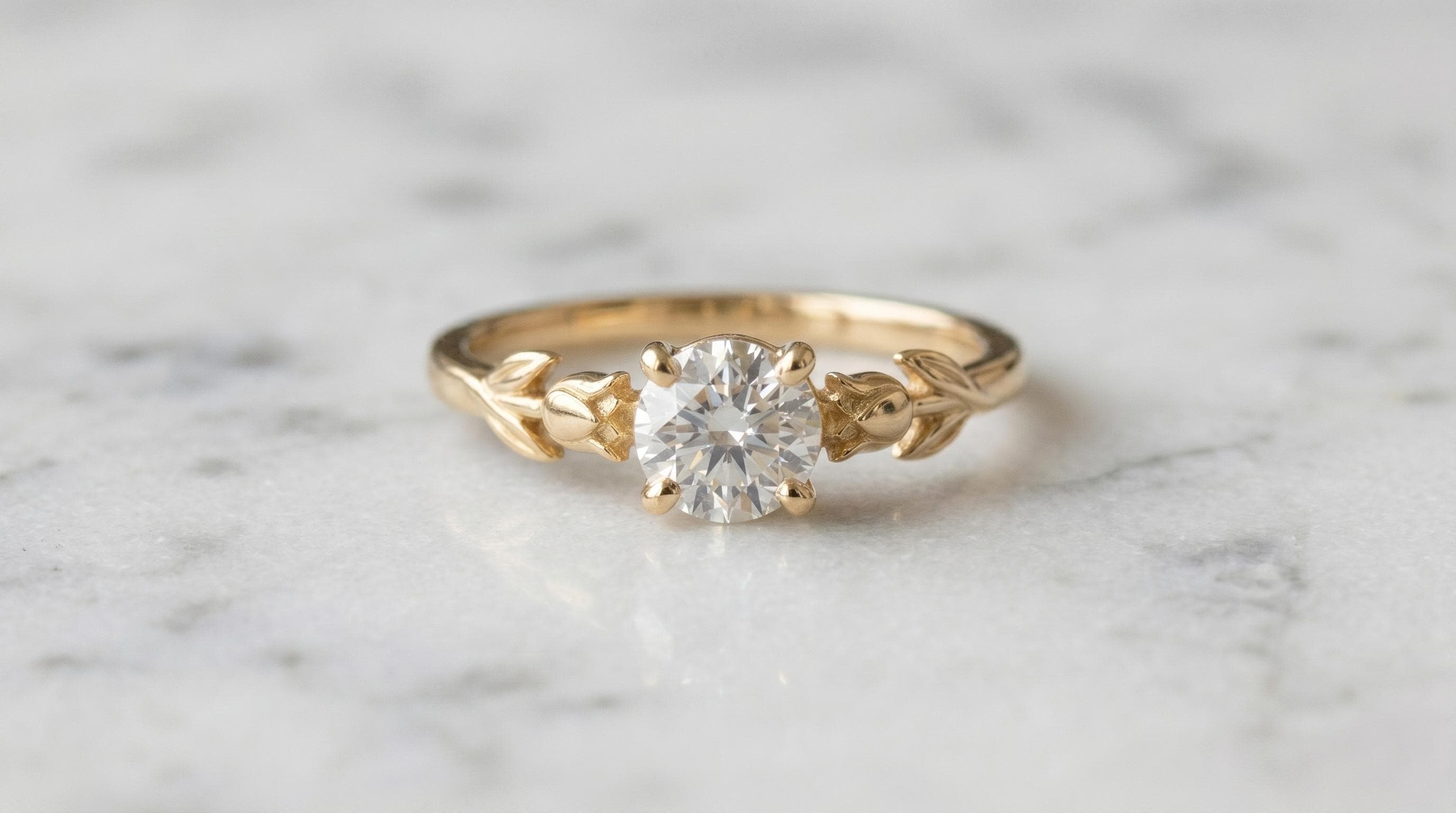 Solid Gold Tulip Engagement Ring: Flower Diamond in Yellow, Rose, White, or Silver