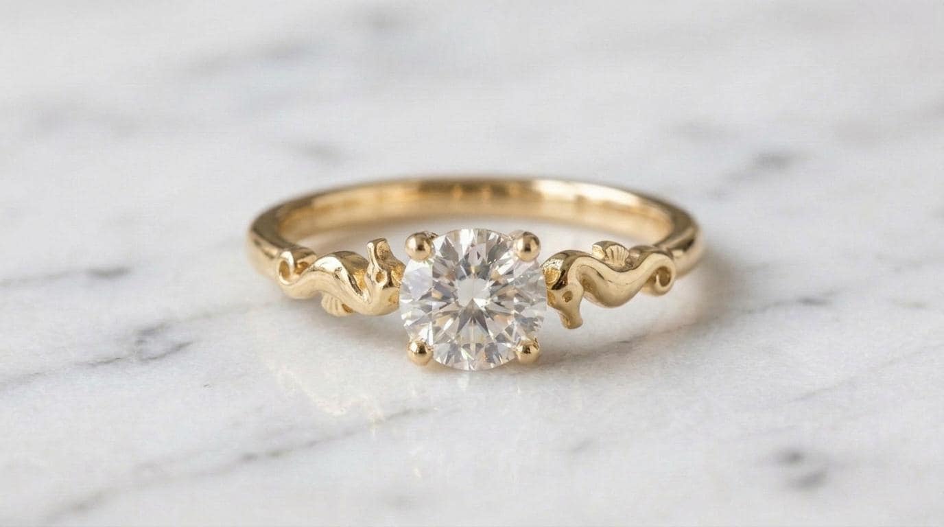 Solid Gold Seahorses Engagement Ring: Seahorses Diamond Ring in Yellow, White, Rose, or Silver