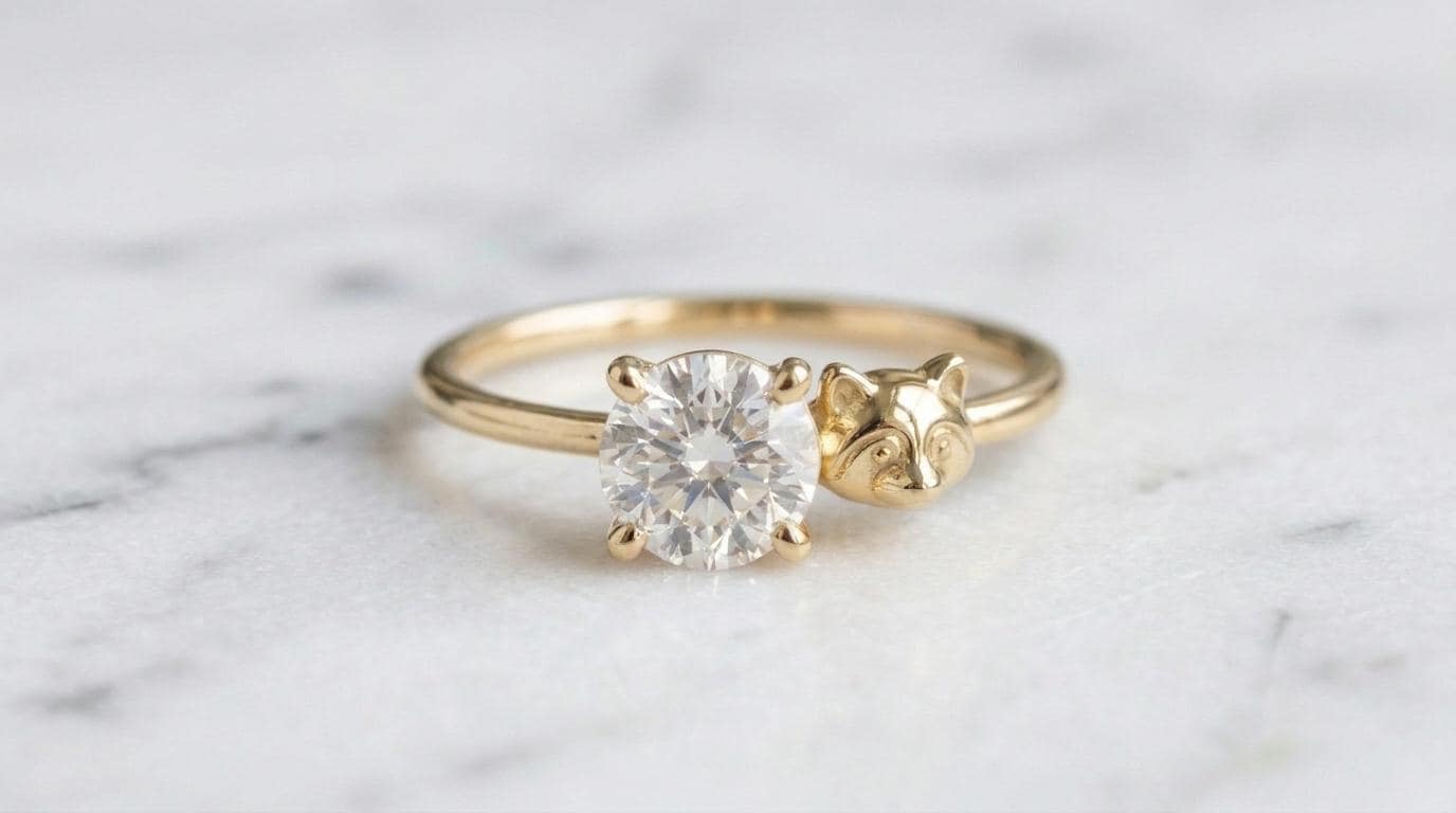 Solid Gold Raccoon Engagement Ring: Woodland Raccoon Diamond Ring in Yellow, White, Rose, or Silver