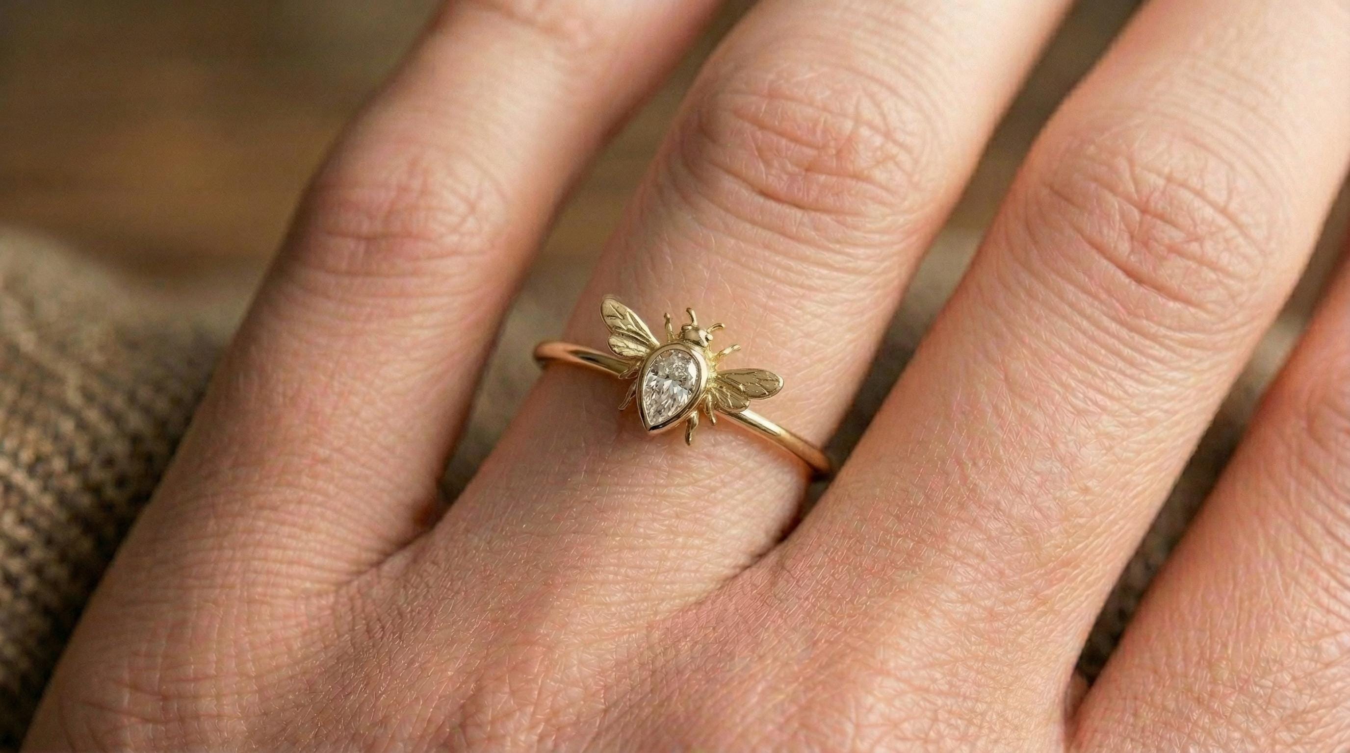 Solid Gold Bee Engagement Ring: Nature Inspired Diamond Jewelry in Yellow, Rose, White, or Silver