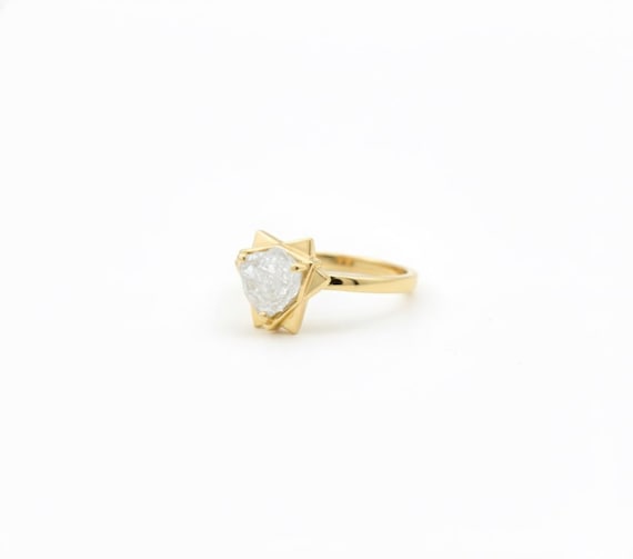 Geometric Yellow Gold Raw Diamond Engagement Ring: Uncut Rough Stone