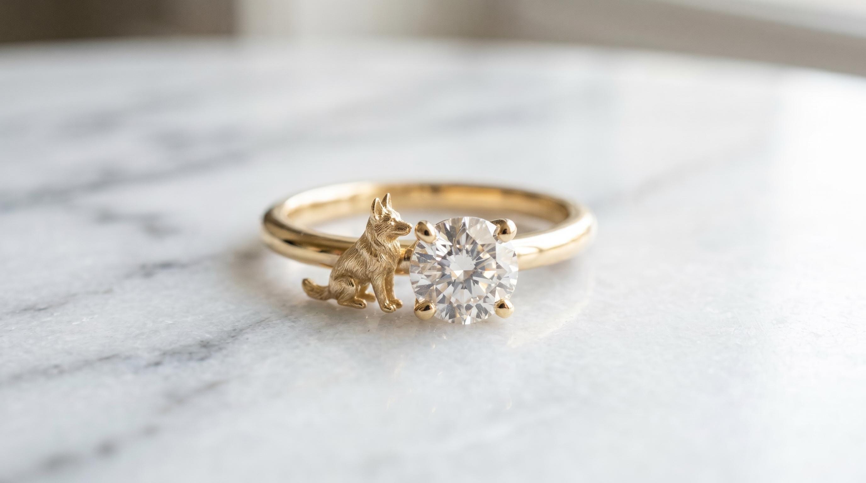 Solid Gold German Shepherd Engagement Ring: Dog Diamond Ring in Yellow, White, Rose, or Silver
