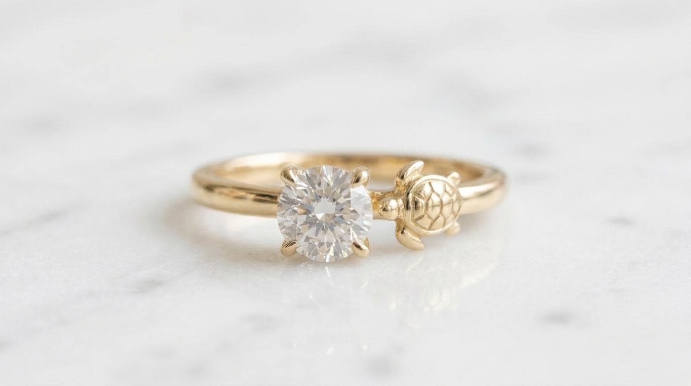 Solid Gold Sea Turtle Engagement Ring: Sea Turtle Diamond Ring in Yellow, White, Rose, or Silver