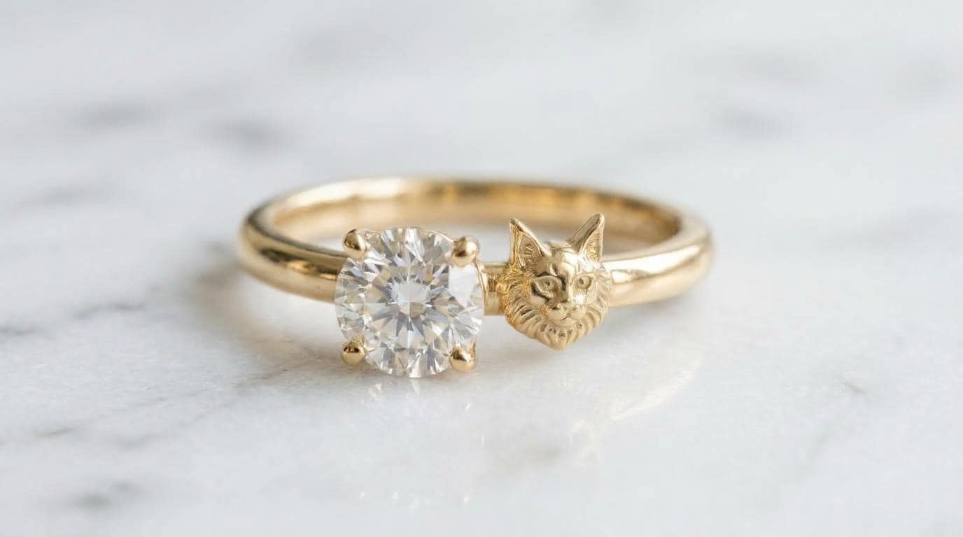 Solid Gold Maine Coon Engagement Ring: Maine Coon Diamond Ring in Yellow, White, Rose, or Silver