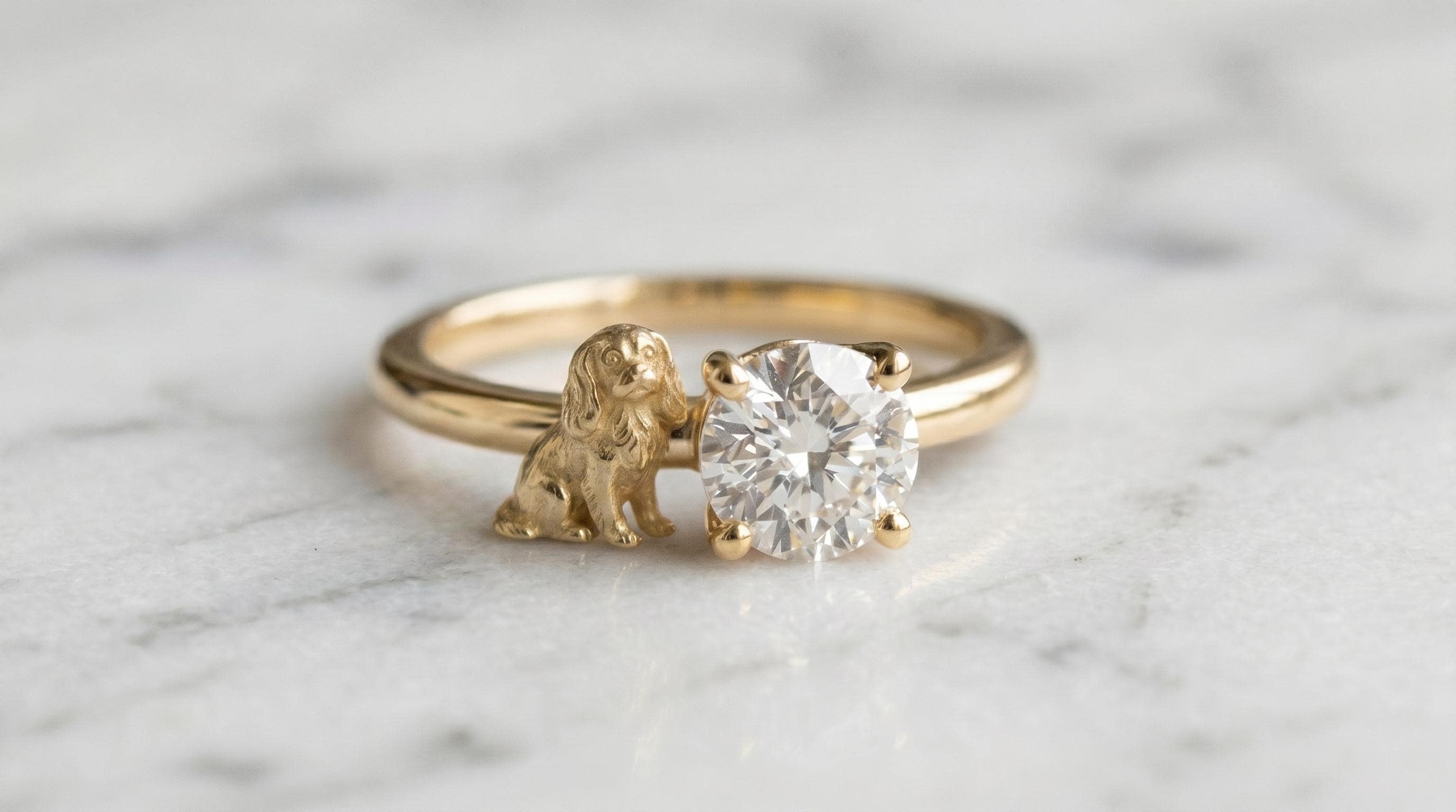 Solid Gold Cavalier King Charles Spaniel Engagement Ring: CKCS Spaniel Diamond Ring in Yellow, White, Rose, or Silver