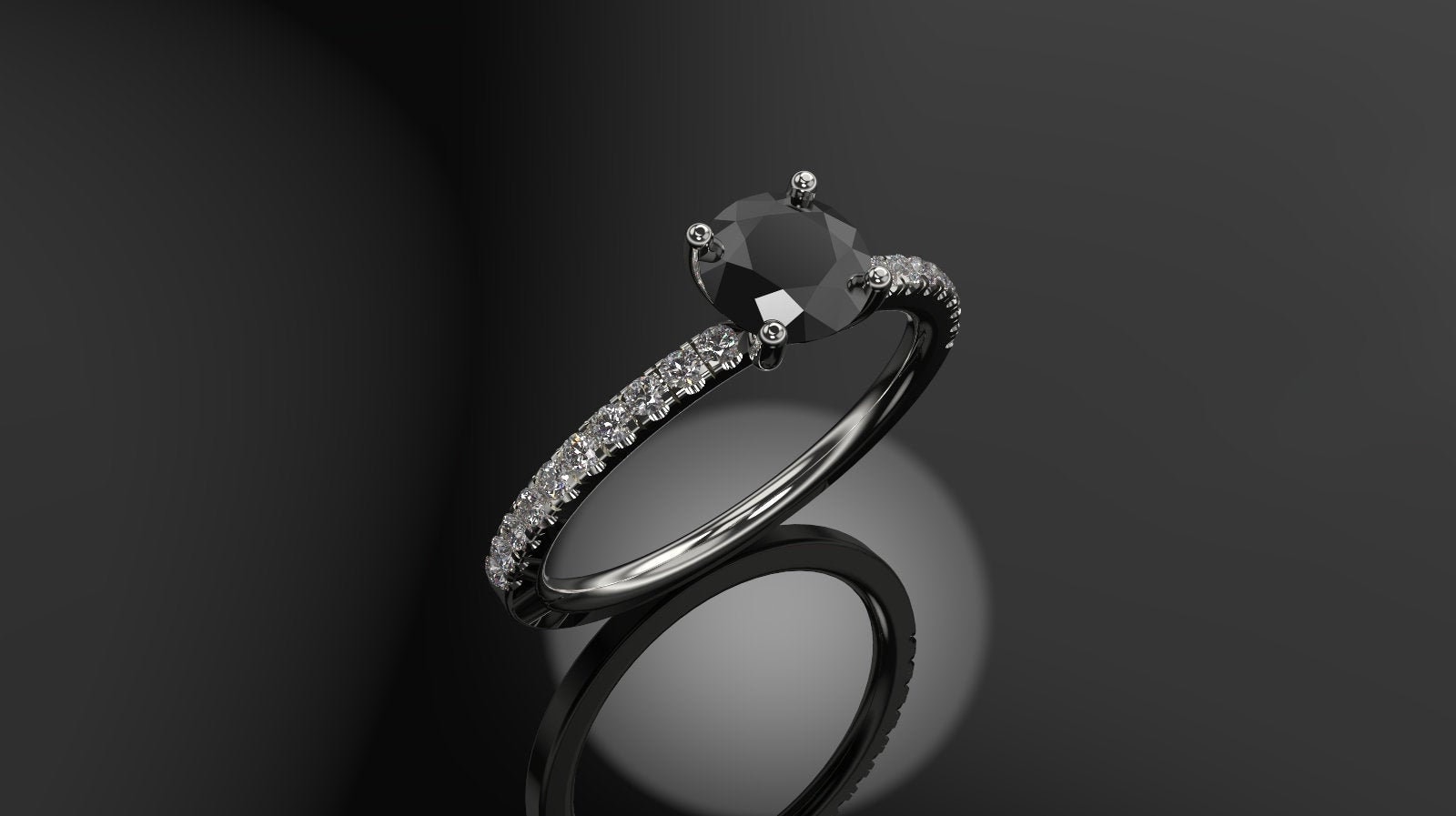 Black Diamond Engagement Ring: 10k White Gold, SI1 Diamond Sidestones