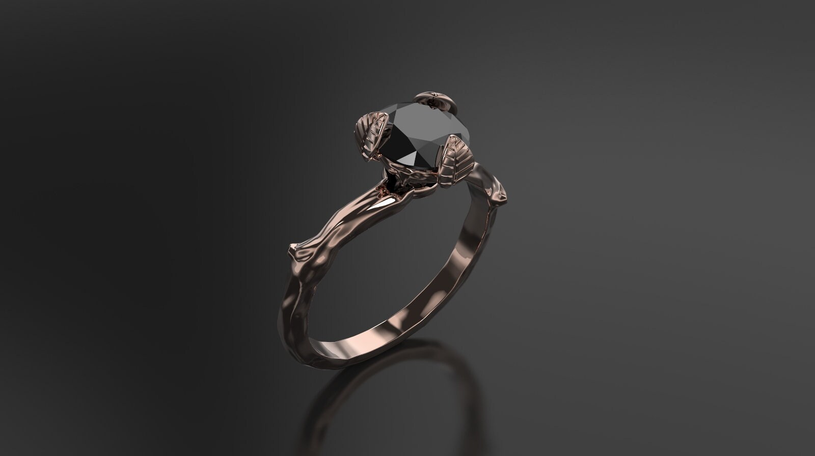 Black Diamond Leaf Ring: 10k Rose Gold Branch Engagement Ring