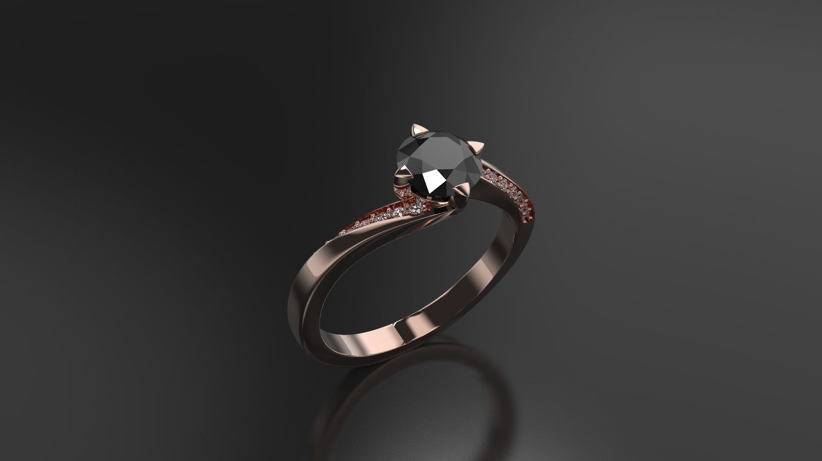 Black Diamond Engagement Ring: 10k Rose Gold, Genuine Diamond Sidestones