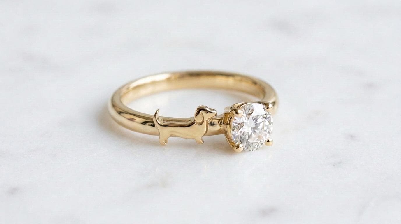 Solid Gold Dachshund Engagement Ring: Dachshund Diamond Ring in Yellow, White, Rose, or Silver