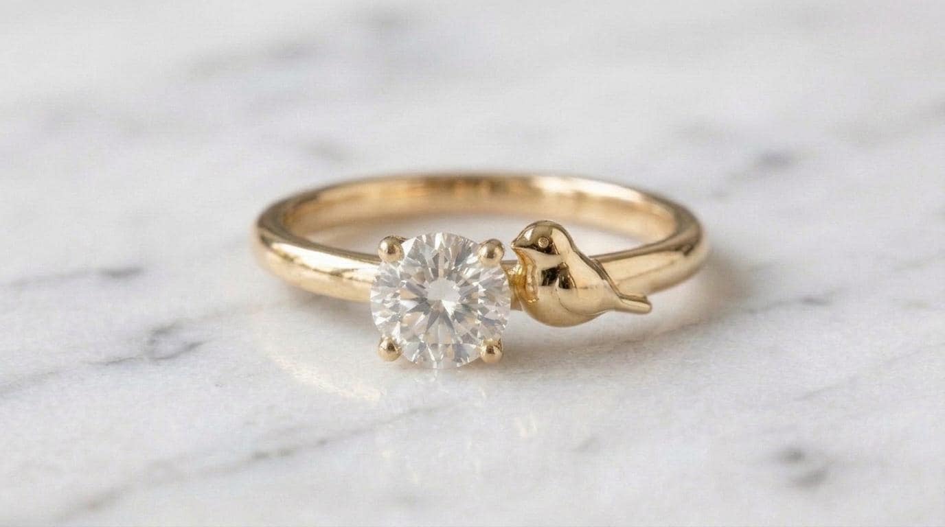 Solid Gold Chickadee Engagement Ring: Black-capped Chickadee Diamond Ring in Yellow, White, Rose, or Silver