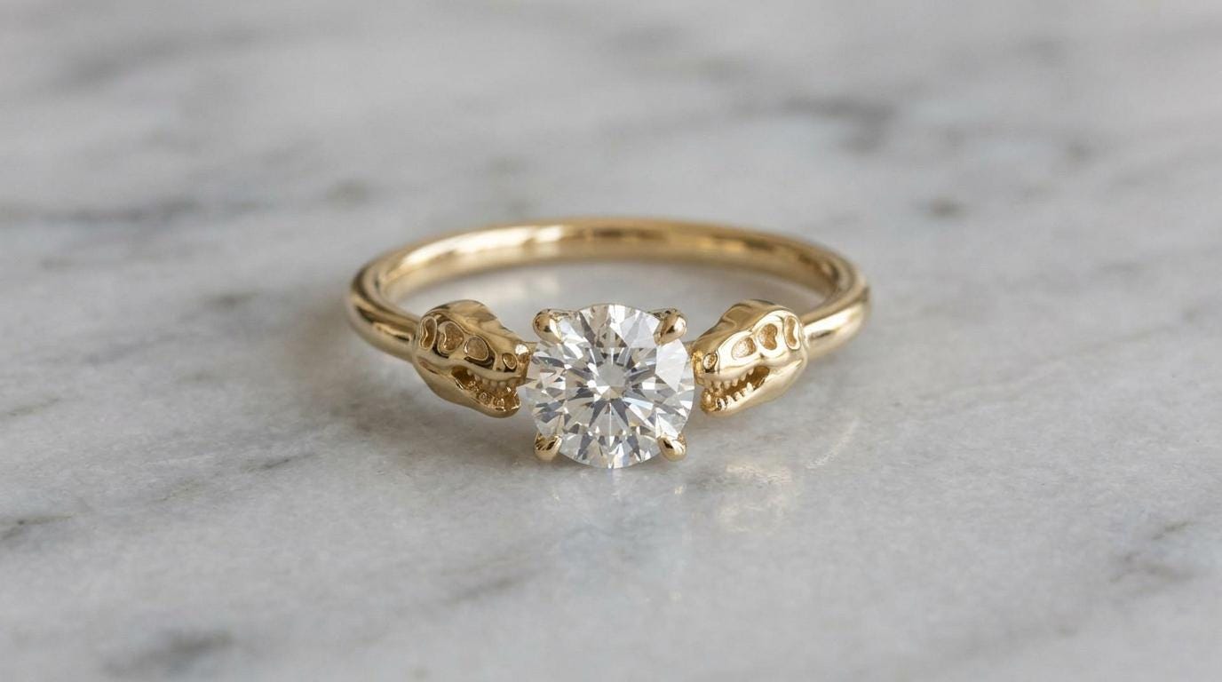 Solid Gold T-Rex Skulls Engagement Ring: Prehistoric Dinosaur Diamond Ring in Yellow, White, Rose, or Silver