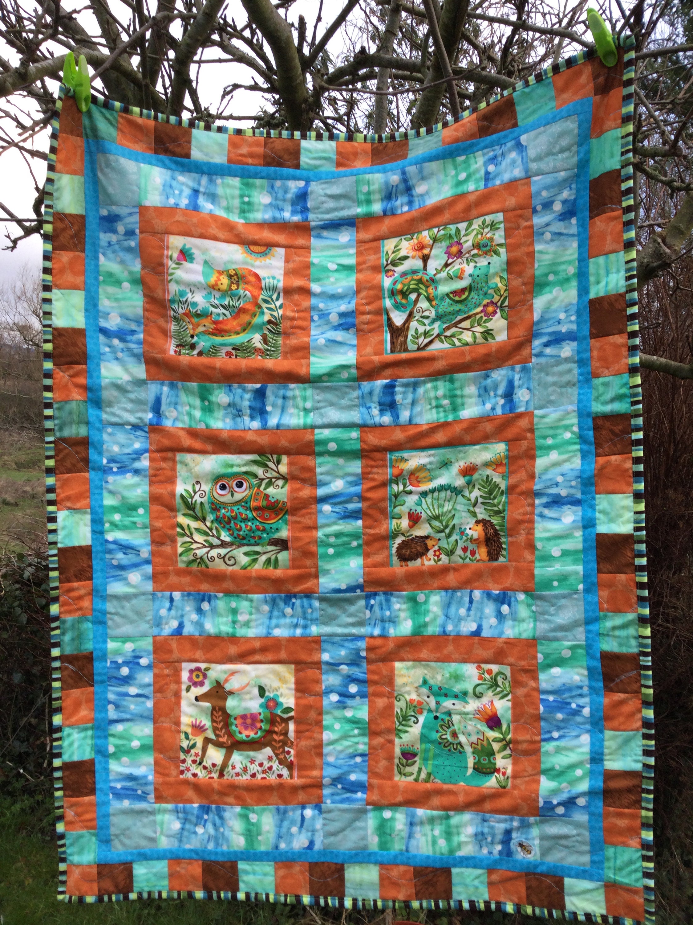SALE PRICE Forest animals quilt, fox, owl, squirrel, hedgehog, deer, blue, orange, ideal gift, handm