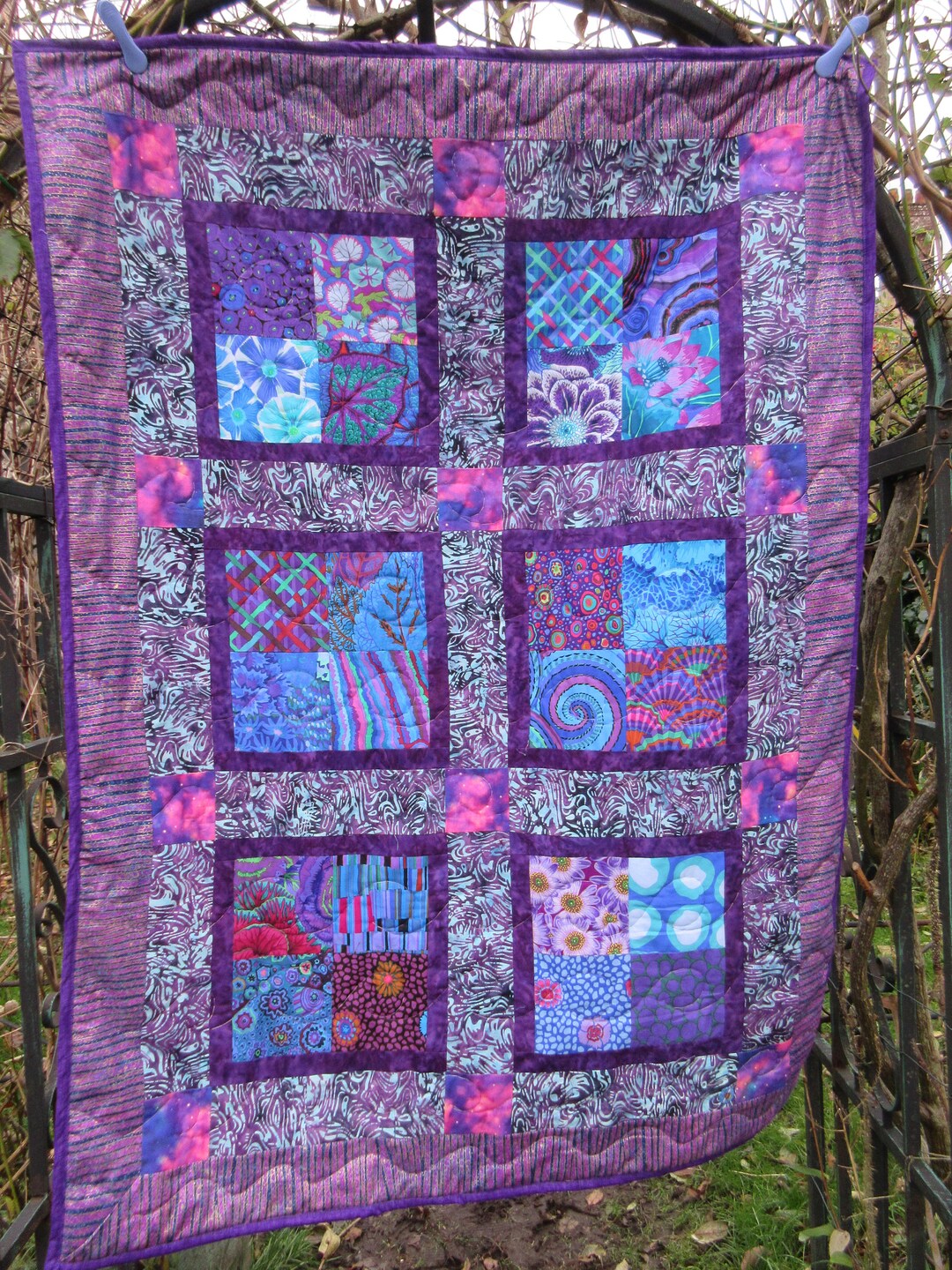 Purple Quilt, Kaffe Fassett, Handmade in UK, Lap Quilt, Sofa Throw